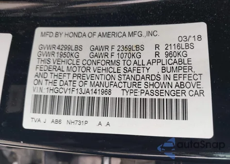 2018 Honda Accord Lx from USA, damaged, VIN 1HGCV1F13JA141968
